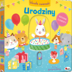 Okladka-3D-ksiazki-z-ruchomymi-elementami-Wesole-zwierzaki.-Urodziny-przedstawiajaca-kroliczka-z-tortem-w-towarzystwie-gosci,-widoczny-ruchomy-element