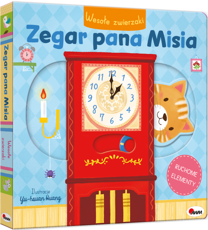 Okladka-3D-ksiazki-z-ruchomymi-elementami-Wesole-zwierzaki.-Zegar-pana-Misia-przedstawiajaca-czerwony-zegar-z-widocznym-ruchomym-elementem