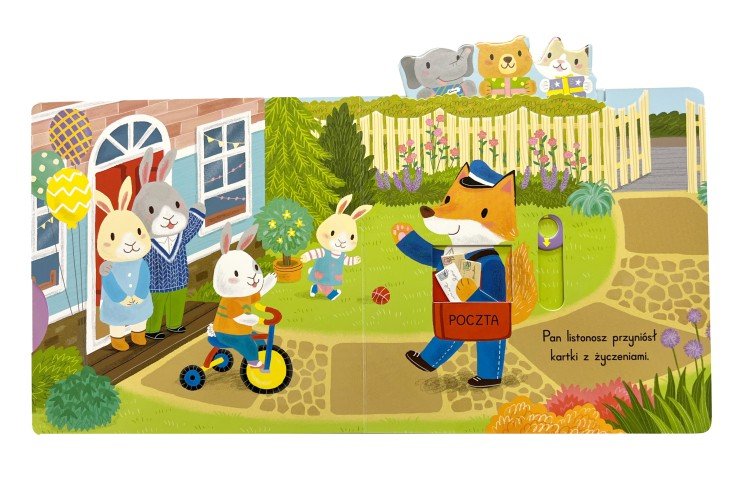 Wnetrze-ksiazki-z-ruchomymi-elementami-Wesole-zwierzaki.-Urodziny-przedstawiajace-kroliczka-na-rowerze-oraz-jego-rodzicow-machajacych-do-listonosza,-widoczny-ruchomy-element