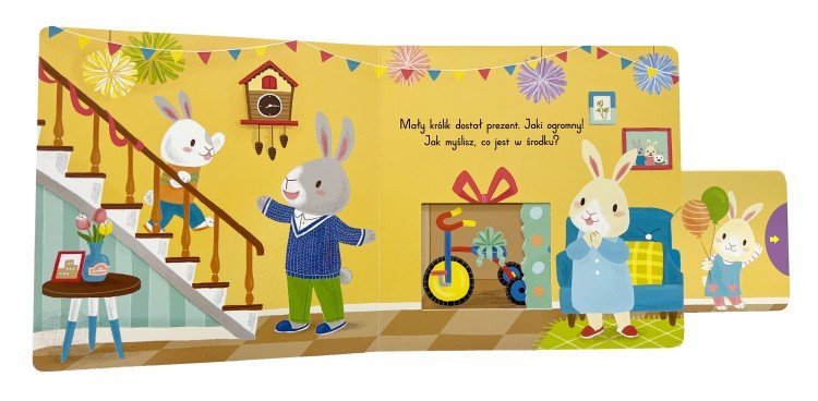 Wnetrze-ksiazki-z-ruchomymi-elementami-Wesole-zwierzaki.-Urodziny-przedstawiajace-kroliczka-zbiegajacego-po-schodach-do-rodzicow,-widoczny-ruchomy-element