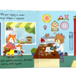 Wnetrze-ksiazki-z-ruchomymi-elementami-Wesole-zwierzaki.-Zegar-pana-Misia-przedstawiajace-wnetrze-sklepu,-siedzacego-za-biurkiem-pana-misia-oraz-mame-z-synkiem,-w-tle-zegary