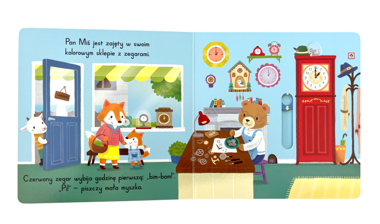 Wnetrze-ksiazki-z-ruchomymi-elementami-Wesole-zwierzaki.-Zegar-pana-Misia-przedstawiajace-wnetrze-sklepu,-siedzacego-za-biurkiem-pana-misia-oraz-mame-z-synkiem,-w-tle-zegary