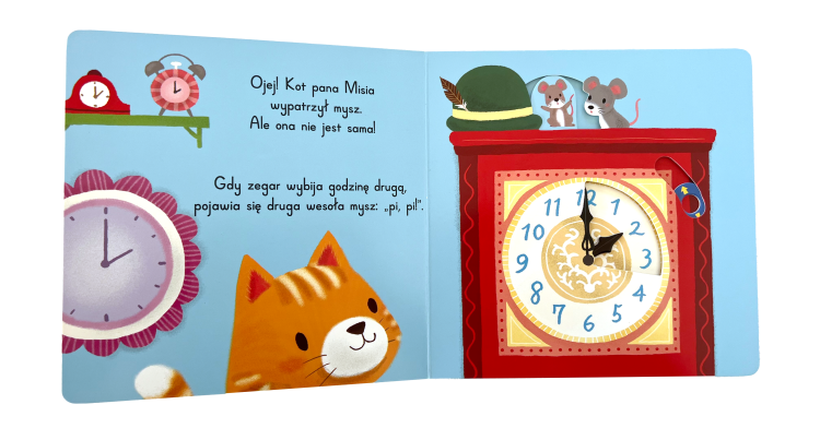 Wnetrze-ksiazki-z-ruchomymi-elementami-Wesole-zwierzaki.-Zegar-pana-Misia-przedstawiajace-zegar-oraz-rudego-kotka